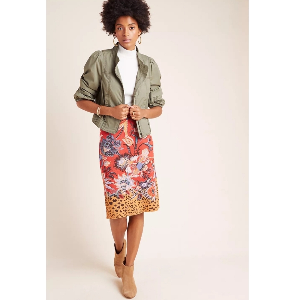Anthropologie Coral Floral Pencil Skirt with Mustard Leopard Hem - Picture 3 of 11